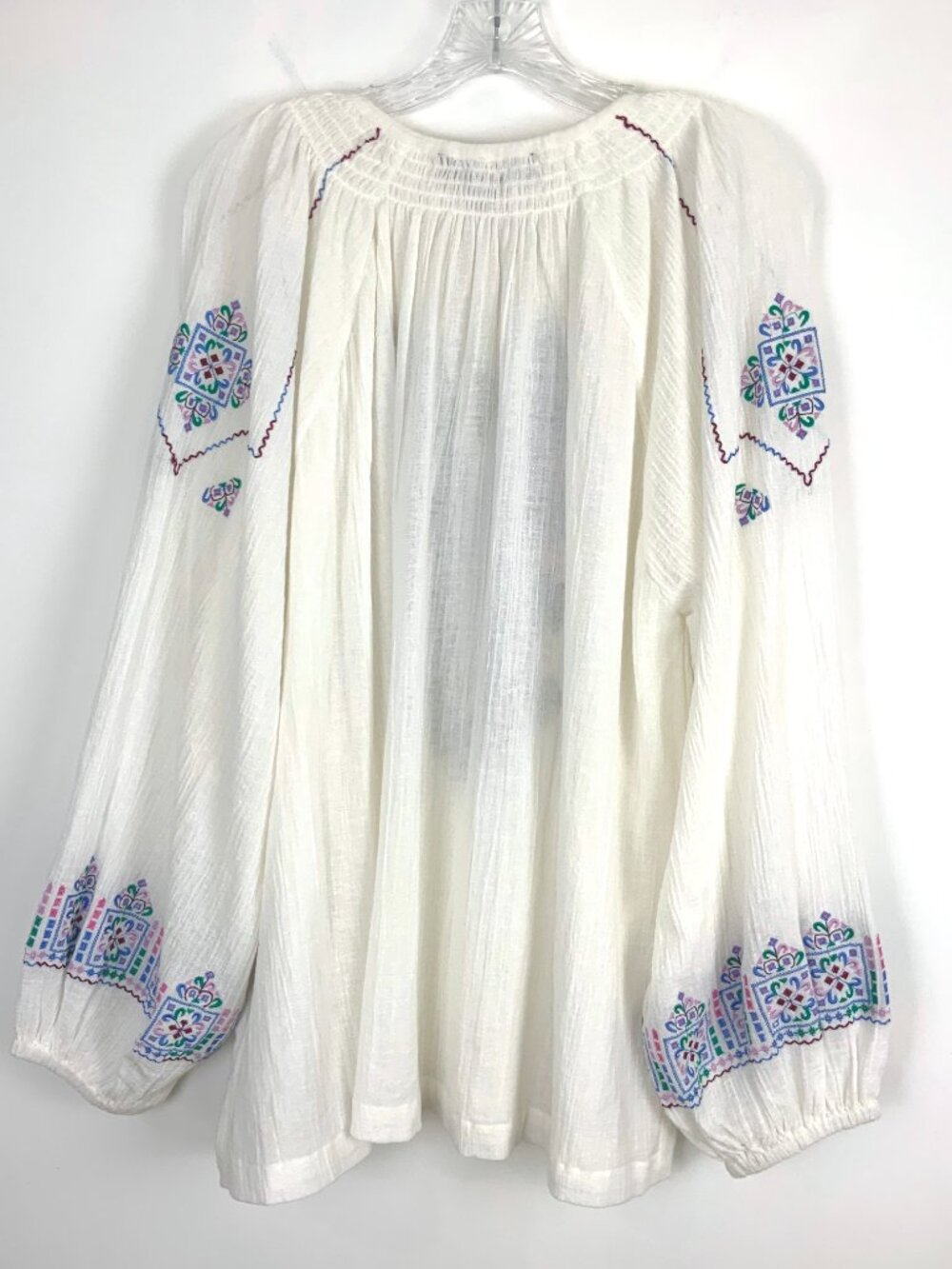 J Peterman Embroidered Cotton Peasant Blouse White Boho Tassel Split Neck Sz L - Picture 7 of 16